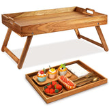 2 Pcs Acacia Low Table for Sitting on The Floor, Breakfast Tray with Legs and Handles, Folding Laptop Wooden Breakfast Serving T