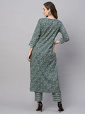 Anni Designer Women'S Cotton Blend Straight Printed Kurta With Pant (Yami Green_L_Green_Large),Green,L,Cotton Blend,Regular,Kurta