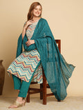 Anni Designer Women'S Cotton Blend Straight Printed Kurta With Pant & Dupatta (Kamkoj Teal_S_Blue_Small),Teal Blue,S,,,