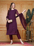 Ishin Women Purple Paisley Embroidered Regular Chikankari Kurta Set| Kurta With Trousers & Dupatta|Kurta Set For Women Purple M