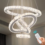 Dixun Crystal Chandeliers Modern LED Rings Pendant Light Adjustable Stainless Steel Ceiling Light Fixture for Living Room Dining