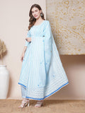 Gosriki Women'S Rayon Blend Straight Hand Block Printed Kurta With Pant & Dupatta (Ragsri Ice Blue-Vks05-Gs_M_Blue_Medium),Blue,,B0DGSYYNNS