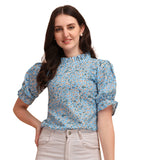 Wedani Women'S Casual Puff Sleeves Ruffled Collor Foral Top (Large Sky Blue),Sky Blue,L