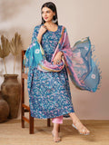 Anni Designer Women'S Cotton Blend Anarkali Printed Kurta With Pant & Dupatta (Nina Kerocin-Vks01_L_Blue_Large),Blue,L,,,