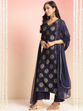 Anni Designer Women'S Rayon Blend Printed Straight Kurta With Pant & Dupatta (Jubal Navy Blue_M_Navy Blue_Medium),Navy Blue,M,Rayon Blend,Classic,