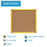 Industrial Cork Bulletin Enclosed Board Cabinet, Single Swing Door, Yellow Aluminum Frame, 28 X 38.25,