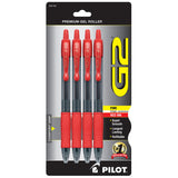 Pilot G2 Retractable Gel Pens, Fine Point, 0.7 mm, Clear Barrels, Red Ink, Pack of 4
