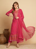Anni Designer Women'S Cotton Blend Straight Printed Kurta With Pant & Dupatta (Kamita Pink_Xl_Pink_X-Large),Pink,XL,,,