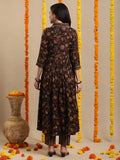 Anni Designer Women'S Rayon Blend Anarkali Printed Kurta With Pant (Gunba Black_L_Black_Large),Black,L,Rayon Blend,Anarkali,