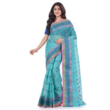 Db Desh Bidesh Women`S Traditional Bengal Tant Tri Leaf Woven Design Pure Handloom Cotton Saree Without Blouse Piece 5.6 Mtr Firoza -Like New