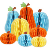 JarThenaAMCS 8Pcs Fall Pumpkin Honeycomb Centerpieces Beige Orange Blue Glitter Paper Honeycomb Ball Ornaments for Autumn Harves