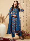 Anni Designer Women'S Cotton Blend Printed Straight Kurta And Pant With Dupatta Set (Kaleping-Kerosin-Nw_M_Dark Blue_Medium),Dark Blue,M,Cotton Blend,Regular,