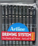Artline Drawing System - Technical Pens - Set Of 9, With One Bonus Pen In Pack, Black