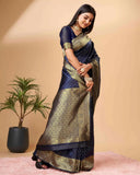 Sugathari Womens Banarasi Saree Pure Kanjivaram Silk Saree Soft New Ladies 2023 Design Wear Sarees Latest Cotton Party Sari Collections With Blouse Piece For Wedding Sadi (Sam Pari-113 Navy Blue) Navy Blue Free Size Kanchipuram Banarasi Saree 113