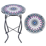 MUMTOP Side Patio Tables-Mosaic Outdoor Side Table - 14 Flower Glass Accent Round EndTable, Plant Stand Indoor Small CoffeeTable