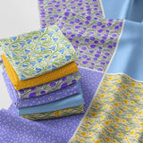 Patchwork Fabric Panel 100x155 cm, 100% Cotton Satin, 6 Coordinated Floral & Tulip Patterns, Yellow Blue Purple Spring Quilting