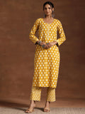 Libas Womens Printed Cotton A-Line Kurta With Trousers Mustard M