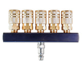 Primefit M14025-7 5-Way Air Manifold with 1/4 Industrial 6-Ball Brass Couplers, 1/4