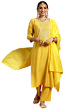Libas Gerua Womens Yoke Design Silk Blend Straight Kurta With Trousers And Dupatta