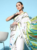 Womanista Womens Off White & Green Abstract Print Satin Saree(Ti3017_Off White & Green_Onesize)