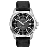 Bulova Mens Precisionist 3Hand Calendar in Stainless Steel with Black Leather Strap and Black Patterned Dial Style: 96B158
