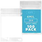 GPI - 3 x 4 - Bulk Pack of 100, 4 Mil Thick, Heavy Duty, Clear Plastic Reclosable Zip Bags, With Write-on White Block for Labeli