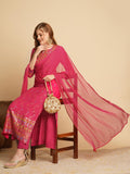 Anni Designer Women'S Cotton Blend Straight Printed Kurta With Pant & Dupatta (Kamita Pink_Xl_Pink_X-Large),Pink,XL,,,