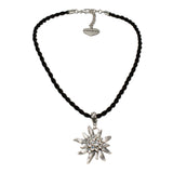 Alpenflstern Bavarian drawstring cord necklace with rhinestone Edelweiss, Ladies costume jewelry, traditional german pendant nec