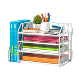 handimp 4Tier Paper File Organizer with Bookend, Metal Desk Organizer, Tiered Paper Tray for Letter/A4 Files, Desktop Office Su