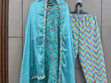 Anni Designer Women'S Cotton Blend Straight Printed Kurta With Pant & Dupatta (Uttar-Sky Blue_M_Dark Blue_Medium),Sky Blue,M,,,