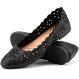 FRACORA Womens Ballet Flats Black PU Leather Dress Shoes Comfortable Round Toe Slip on Flats with Breathable Eyelets(Black.US9)