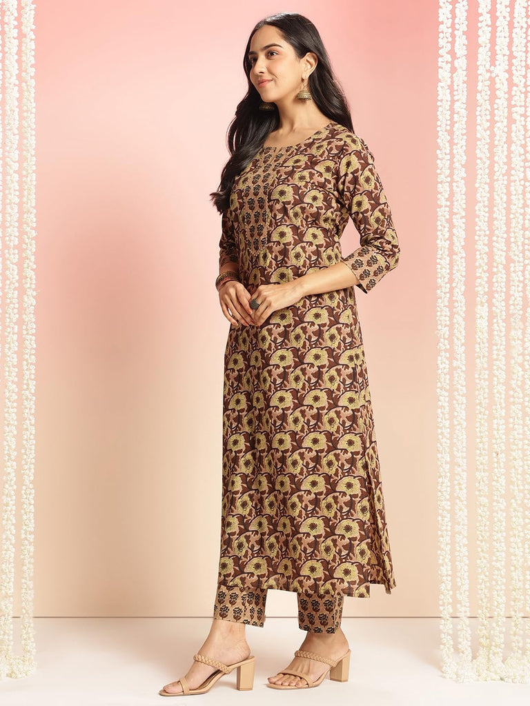 Anni Designer Women'S Rayon Viscose Straight Printed Kurta With Pant (Gukona Brown_Xxl_Brown_Xx-Large),Brown,2XL,Rayon,Regular,