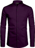 MILDIN Mens Cotton Blend Chinese Mandarin Collar Full Sleeve Curved Hem Button Closure Slim Fit Shirt for Men, Purple, M
