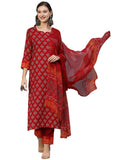 Anni Designer Women'S Cotton Blend Floral Printed Straight Kurta With Pants & Dupatta (Shank-Maroon-Cgd_3Xl_Red_Xxx-Large),Red,3XL