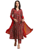 Gosriki Women'S Rayon Blend Anarkali Printed Kurta With Pant & Dupatta (Dabu Red-Vks06-Gs_M_Red_Medium),Red,,B0DK9MXTCB