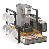 EsLuker.ly Coffee Bar Station Organizer with K Cup Drawer, Pod Holder Storage Rack with 7 Mug Hooks for Countertop, Wooden Coffe
