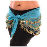 Fancy Steps Belly Dance Chiffon Hip Scarf Wrap Belt Tribal Coin Sash Gold Coins (Sky Blue)