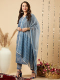 Anni Designer Women'S Cotton Blend Printed Straight Kurta With Pant & Dupatta (Nihira Blue-Brt_M_Blue_Medium),Blue,M,Cotton Blend,Regular,Dupatta