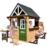 YOFE Kids Playhouse Outdoor, Wooden Play House Playset with Kitchen, Fence, Bench, Dog Door, Doorbell & Flower Pot,Fun Backyard