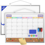 HLF-ho Monthly Calendar Dry Erase Board 16x12 Inch, Double-Sided Whiteboard and Corkboard Combo with Silver Aluminum Frame (Colo