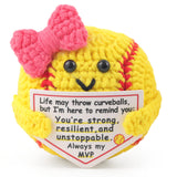 Rimvoe Crochet Positive Softball, with Bow and Motivational Message Card, Knitted Softball Gift for Players, Teammates or Lovers