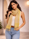 Gk Villa Pale Golden Yellow Woven Scarf With Stripe Texture And Fringe Tassels