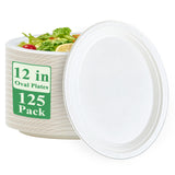 Vplus 100% Compostable Oval Paper Plates 12 inch 125 Pack Super Strong Disposable Paper Plates Bagasse Natural Biodegradable Eco