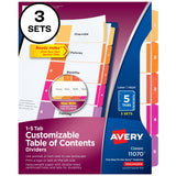 Avery 5 Tab Dividers for 3 Ring Binders, Customizable Table of Contents, Multicolor Tabs, 3 Sets (11070)