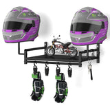 OYEAL Helmet Rack Wall Mount Black Motorcycle Helmet Holder with Shelf, Gear Storage Rack with Hooks, 4 Glove Clips for Motorcyc
