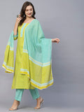Anni Designer Women'S Cotton Blend Straight Printed Kurta With Pant & Dupatta (Inam Green-Nw_L_Green_Large),Green,L,Cotton Blend,Regular,Dupatta