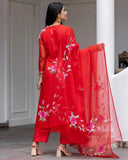 Anni Designer Women'S Chanderi Cotton Straight Printed Kurta With Pant & Dupatta (Guni Red_Xl_Red_X-Large),Red,XL,Chanderi,Regular,Kurta, Scarf