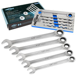 FIRSTINFO F3432SA Taiwan SAE Spline Box End Ratcheting Combination Wrench Set, Spanners with Anti-Slip V-Groove Open End | 5-pie