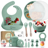 O'doe 17-Piece BPA-Free Silicone Baby Feeding Set | Thick & Soft Suction Plates, Baby Bowls, Wooden Fork & Spoon, and More | Mak