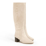 Coutgo Womens Chunky Heel Knee High Boots Suede Round Toe Fall Winter Tall Boots with Side Zipper, Beige, Size 6.5